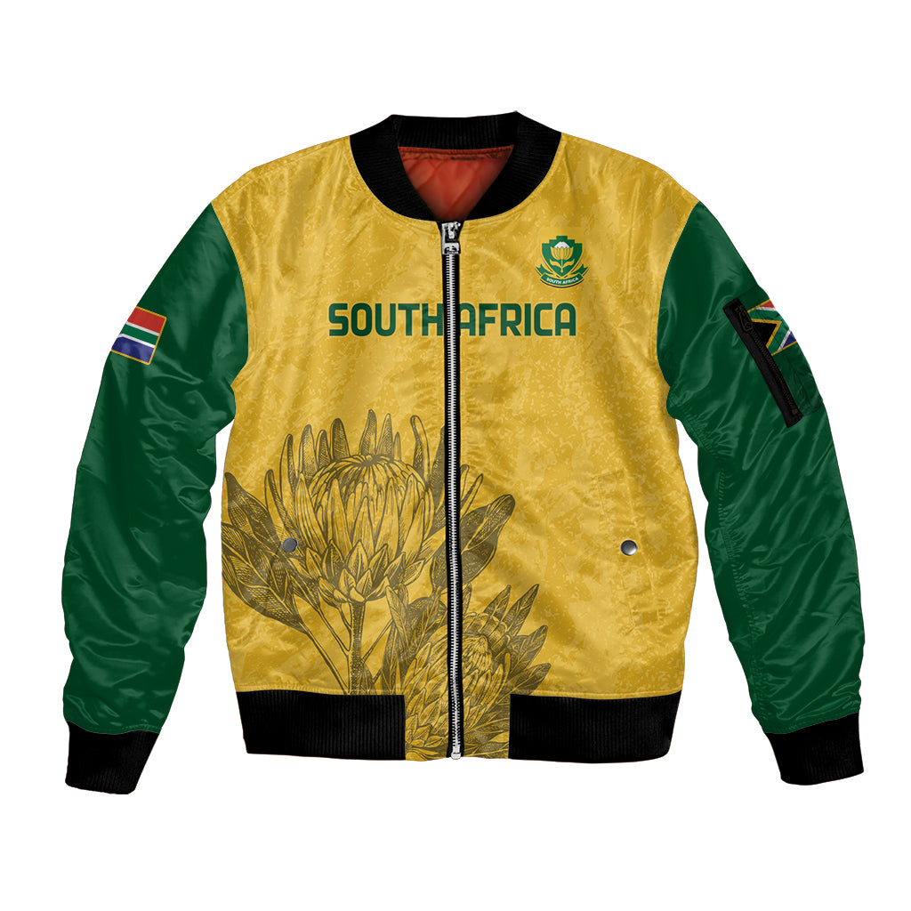 Yellow and green bomber jacket with full zip, ribbed hem, South Africa print and crest