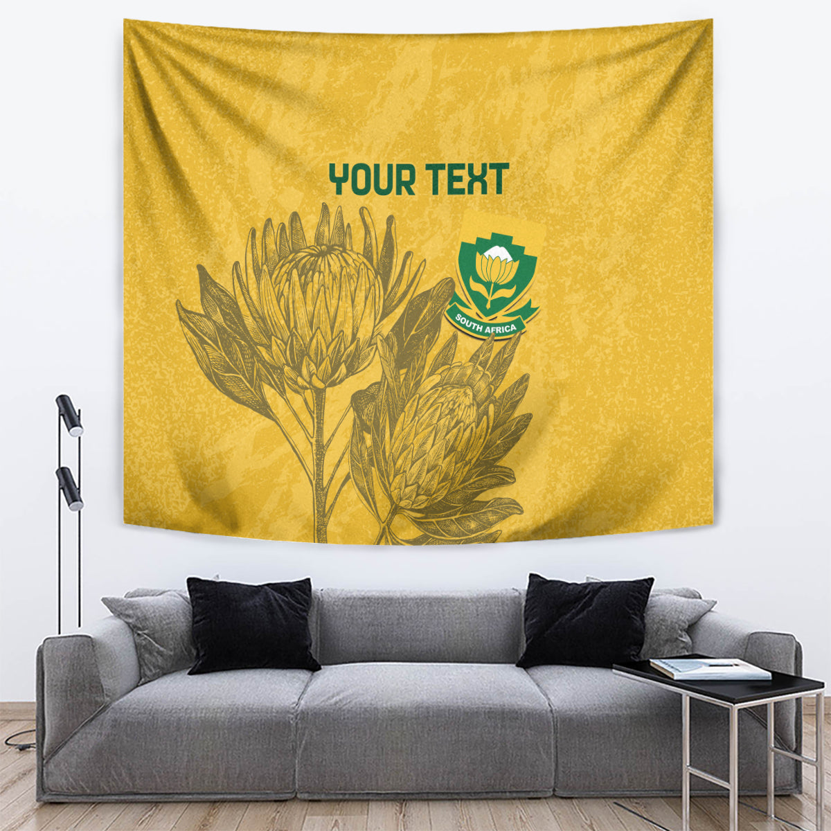 Yellow custom soccer tapestry with 'YOUR TEXT' and South Africa emblem, wheat design