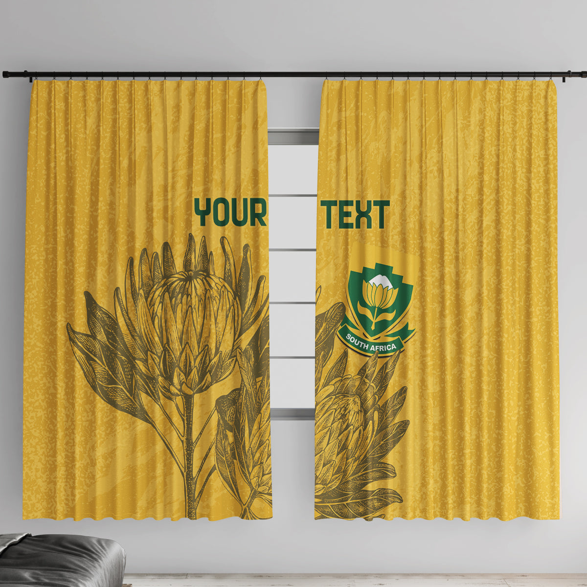 Yellow window curtain pair with gold leaf print and green crest, custom text panels