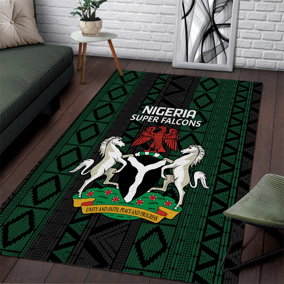 Green and black area rug with geometric pattern and Nigeria Super Falcons crest in center