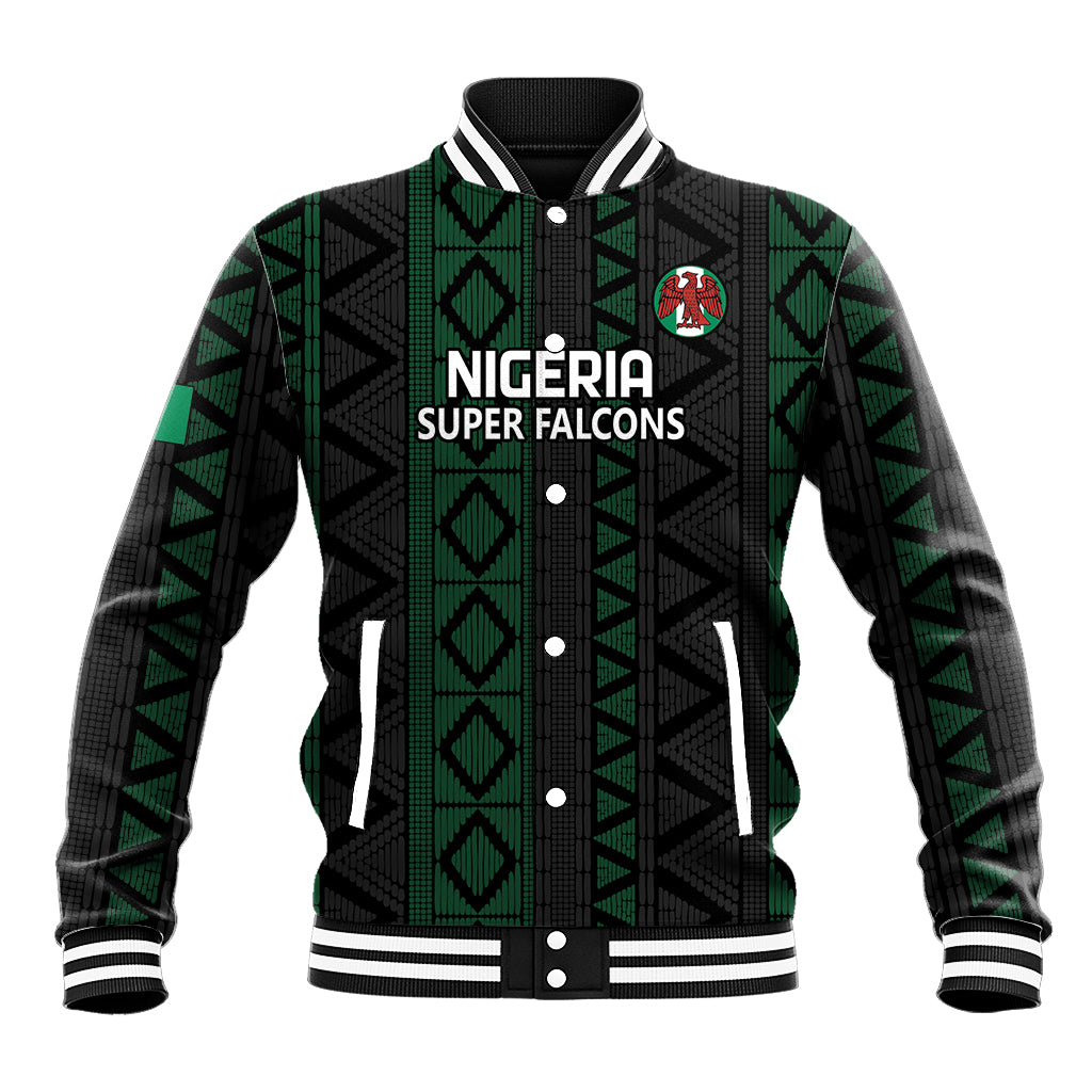 Black and green Nigeria Super Falcons baseball jacket, snap button front, striped collar