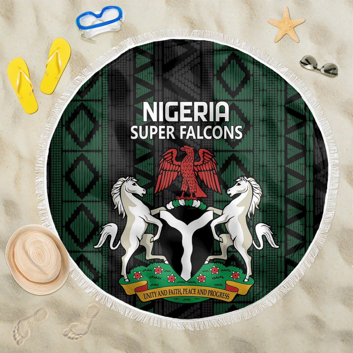 Round beach blanket, black and green Nigeria Super Falcons graphic with white fringe, 150cm