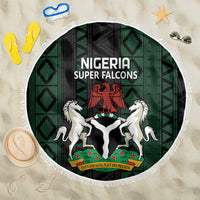 Round beach blanket, black and green Nigeria Super Falcons graphic with white fringe, 150cm