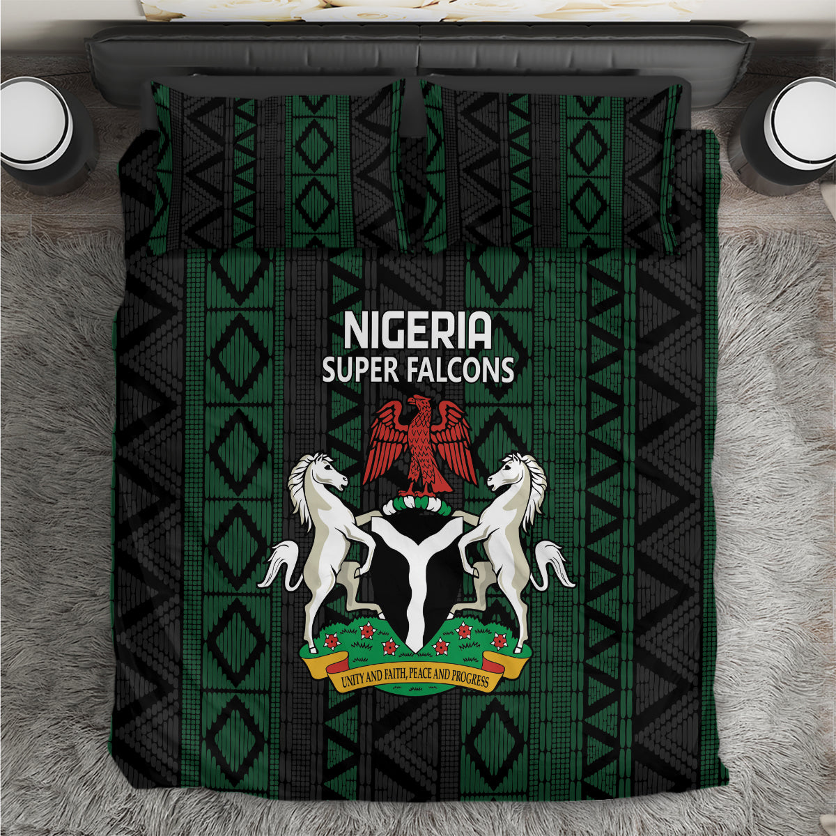 Nigeria-themed bedding duvet set with green and black geometric pattern and crest graphic