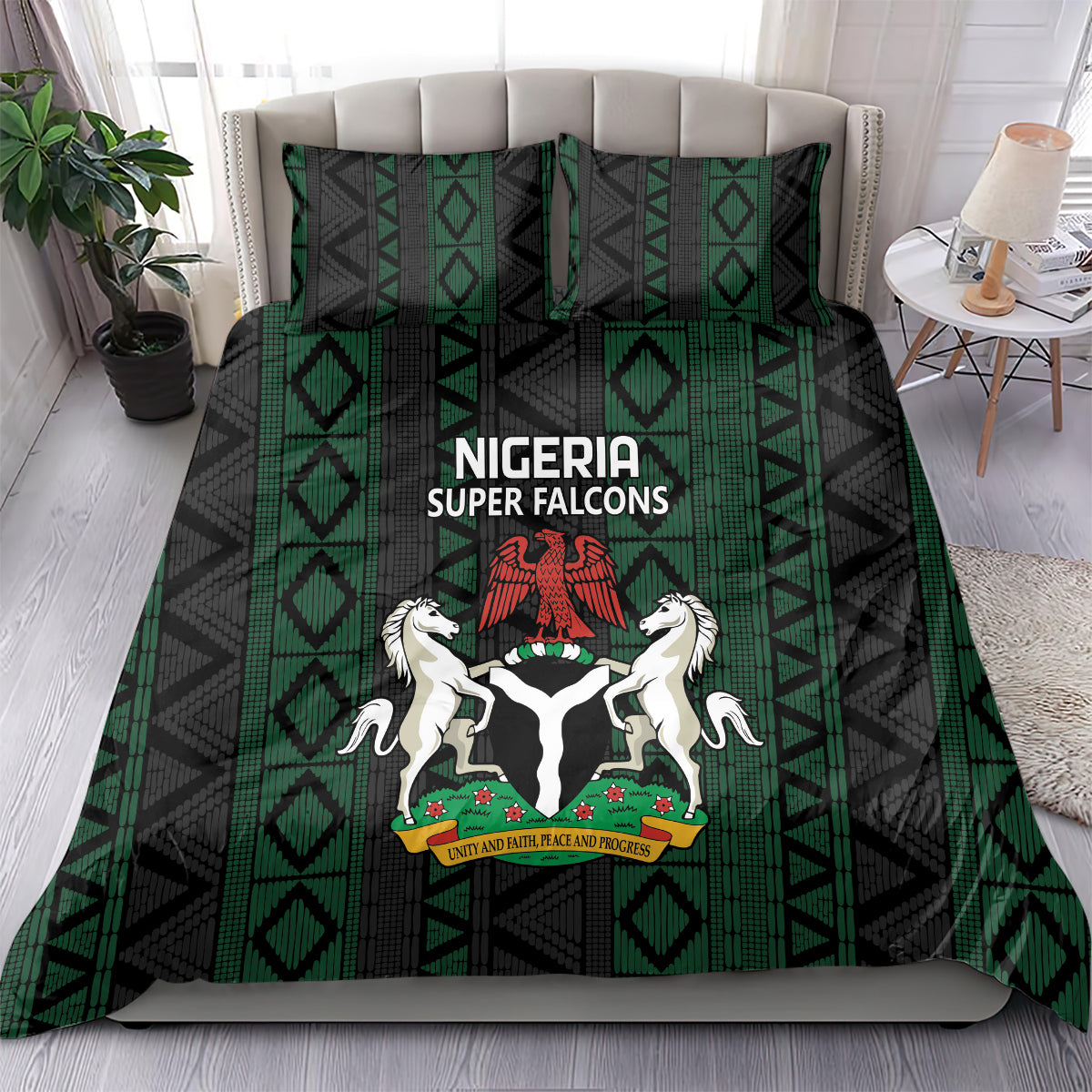 Full-size bedding duvet set in black and green with Nigeria Super Falcons logo center