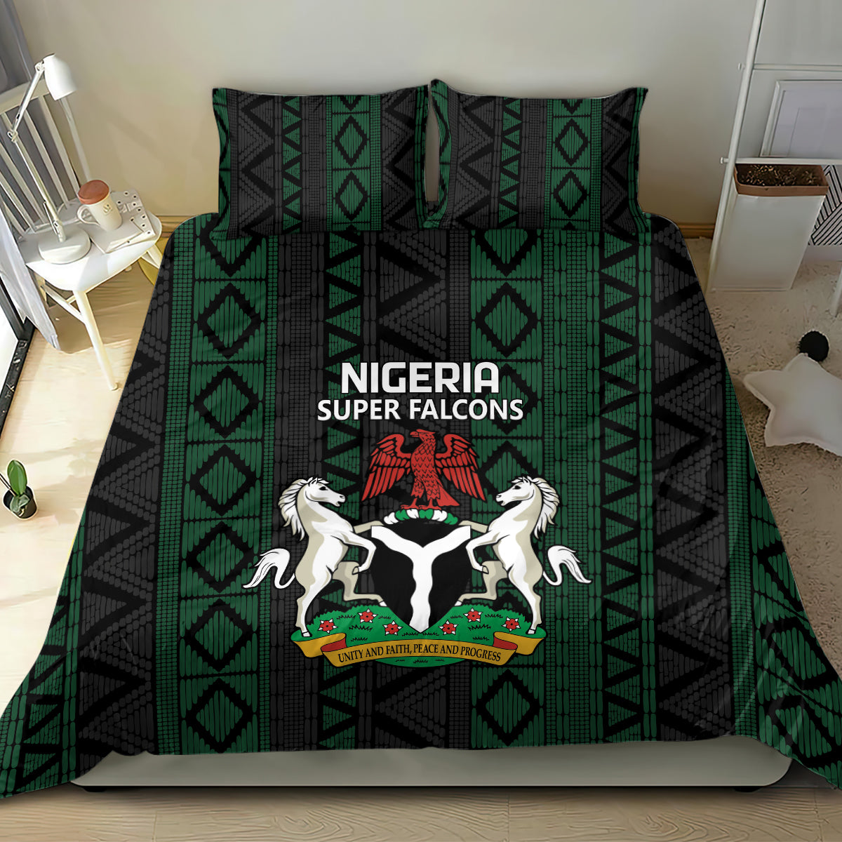 Bedding duvet set with Nigeria Super Falcons crest, black base, and green diamond motifs
