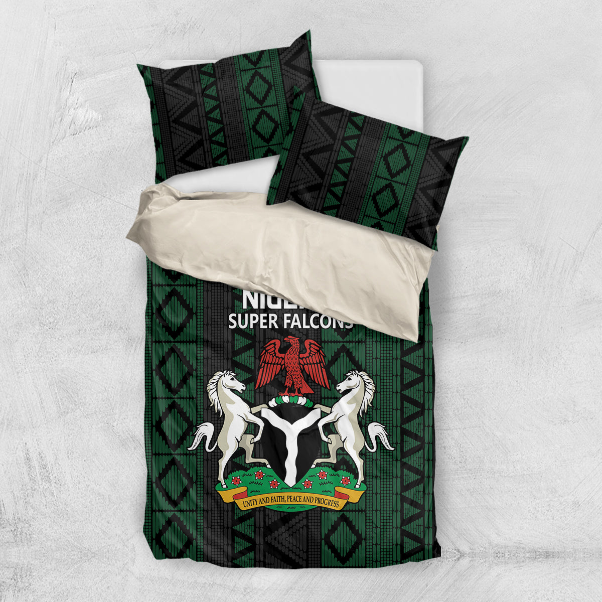 Coordinated bedding set with black and green geometric design and Super Falcons logo