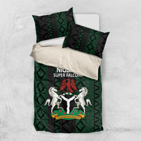 Coordinated bedding set with black and green geometric design and Super Falcons logo