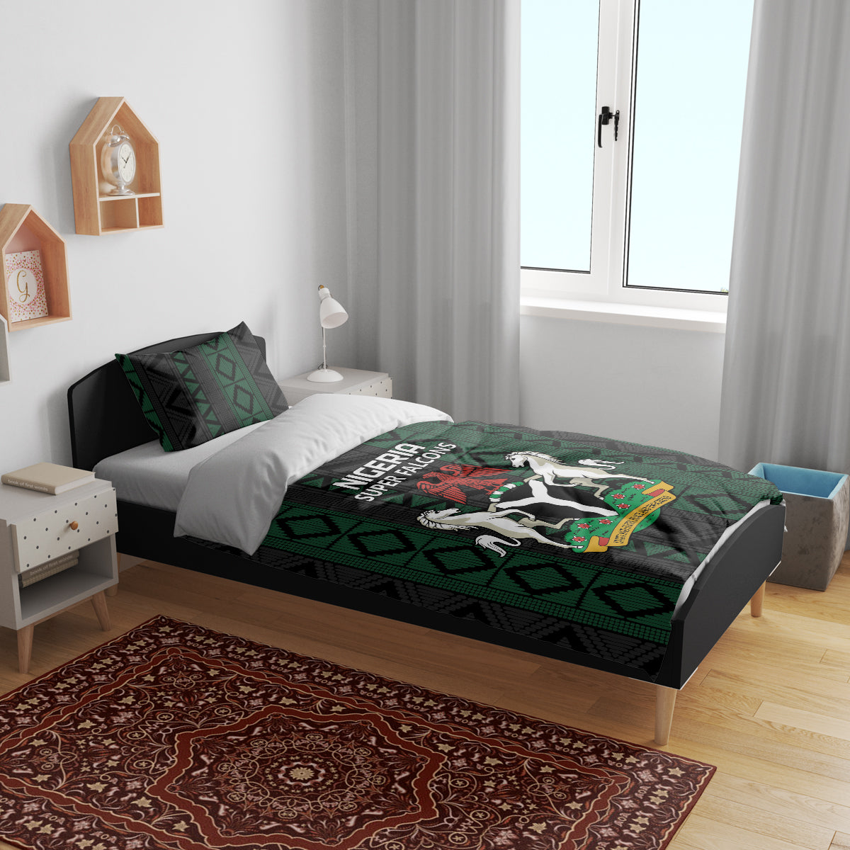 Bed bedding duvet set with green and black African-inspired pattern and team crest