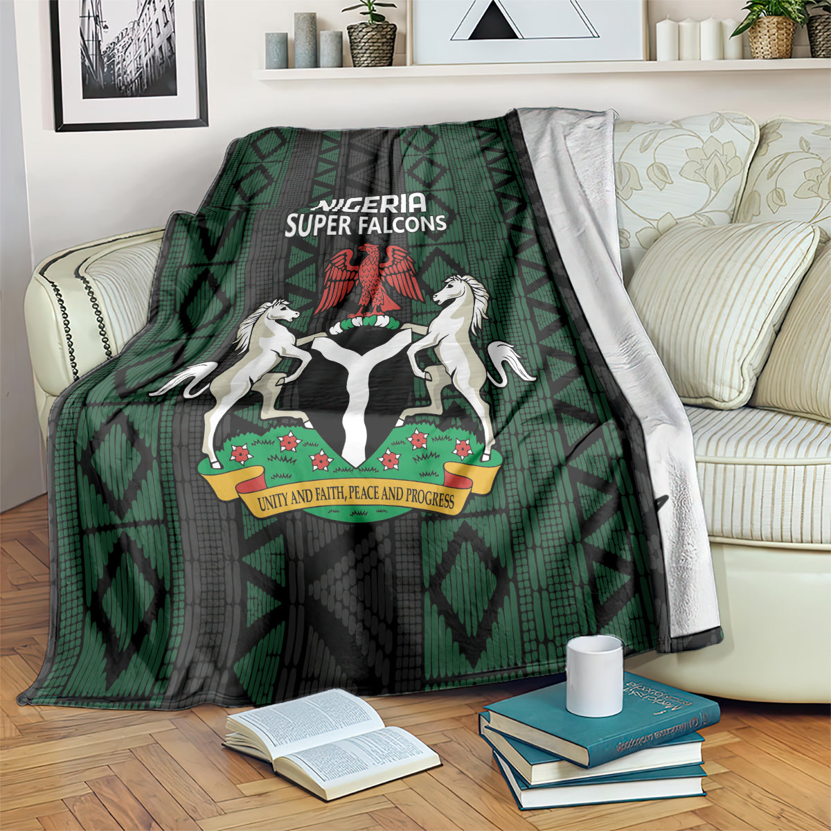 Nigeria Super Falcons football blanket with green geometric pattern and crest center