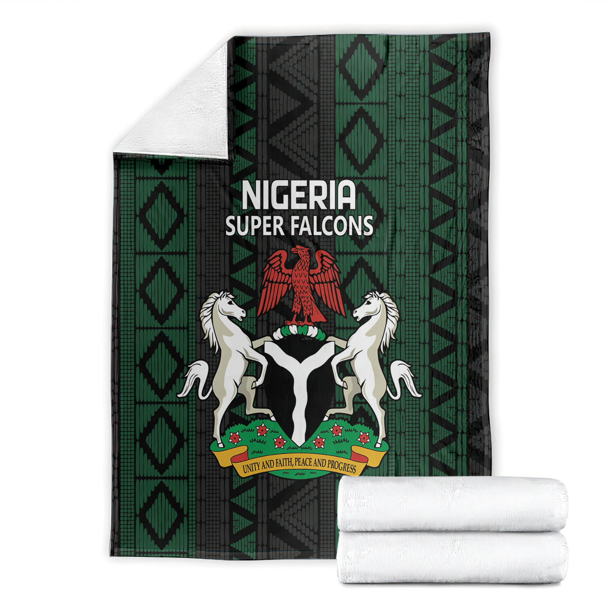 Nigeria Super Falcons blanket with crest panel and green geometric pattern, with white rolls