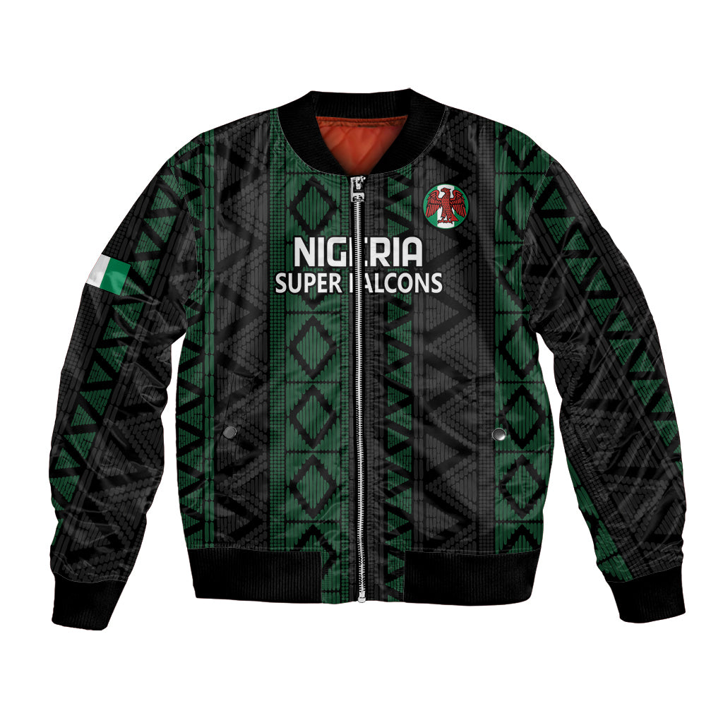Black and green African-pattern bomber jacket, front zip, ribbed cuffs and hem
