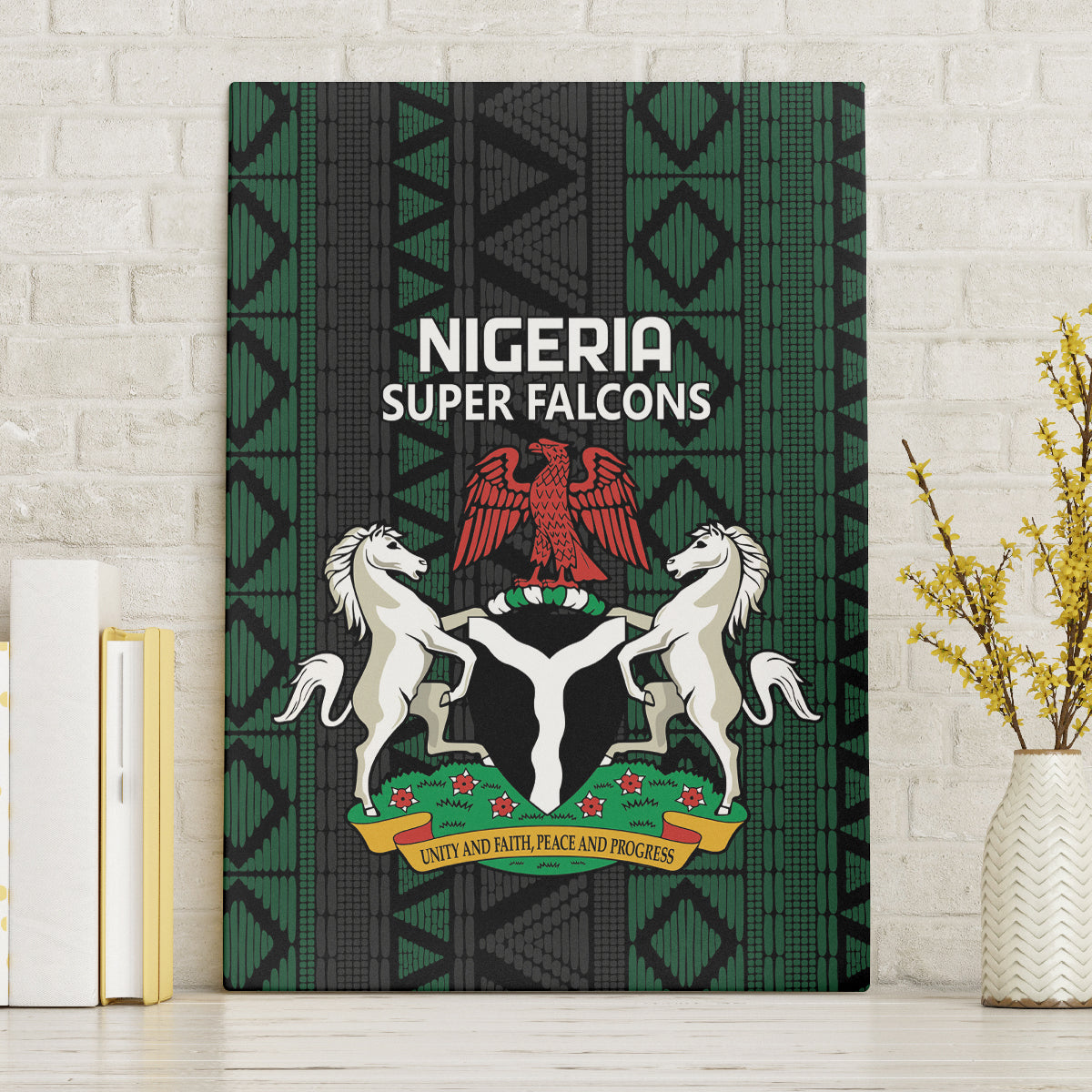 Green and black Nigeria Super Falcons canvas wall art with eagle emblem and horses