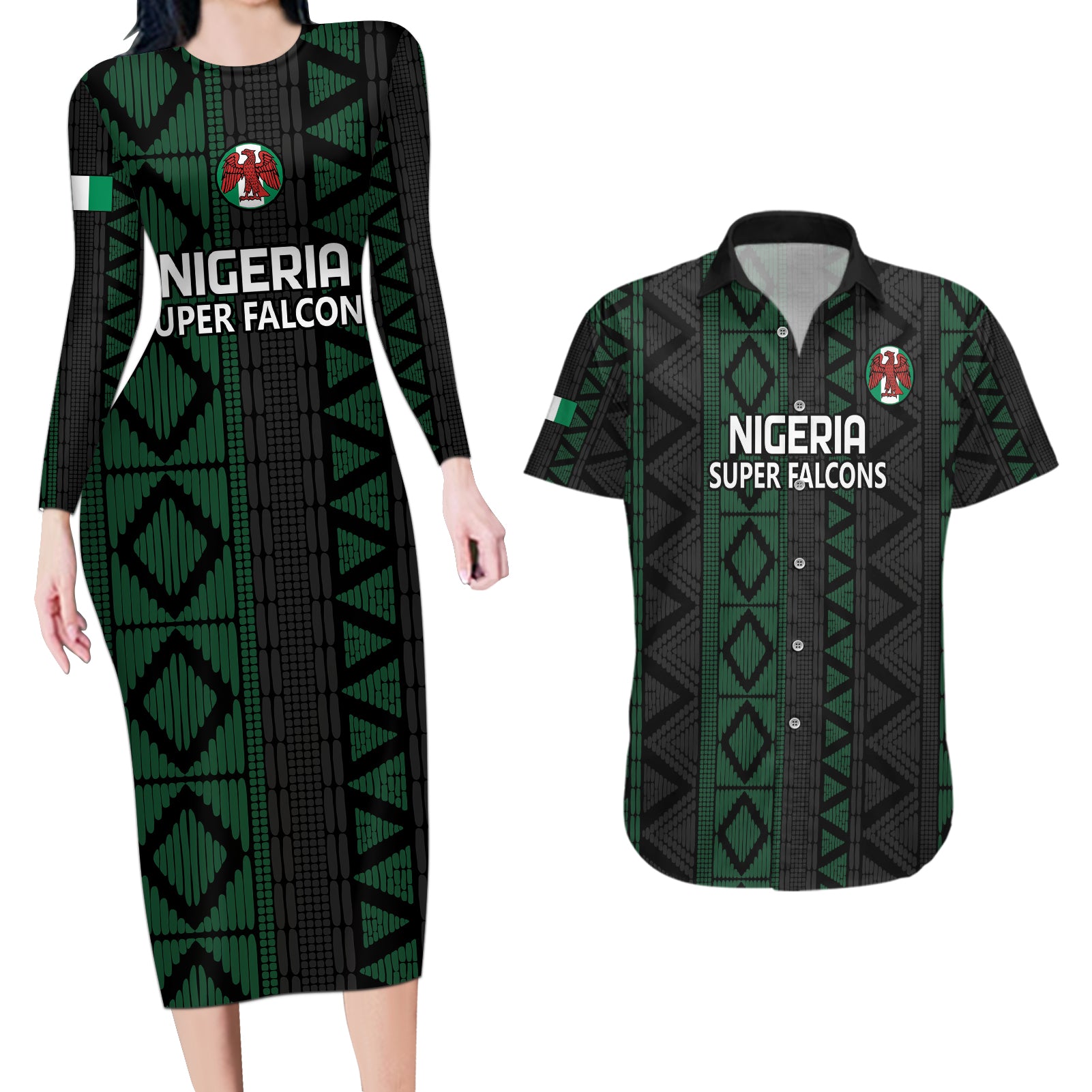 Custom Nigeria Football Couples Matching Long Sleeve Bodycon Dress and Hawaiian Shirt Go Super Falcons African Pattern - Wonder Print Shop