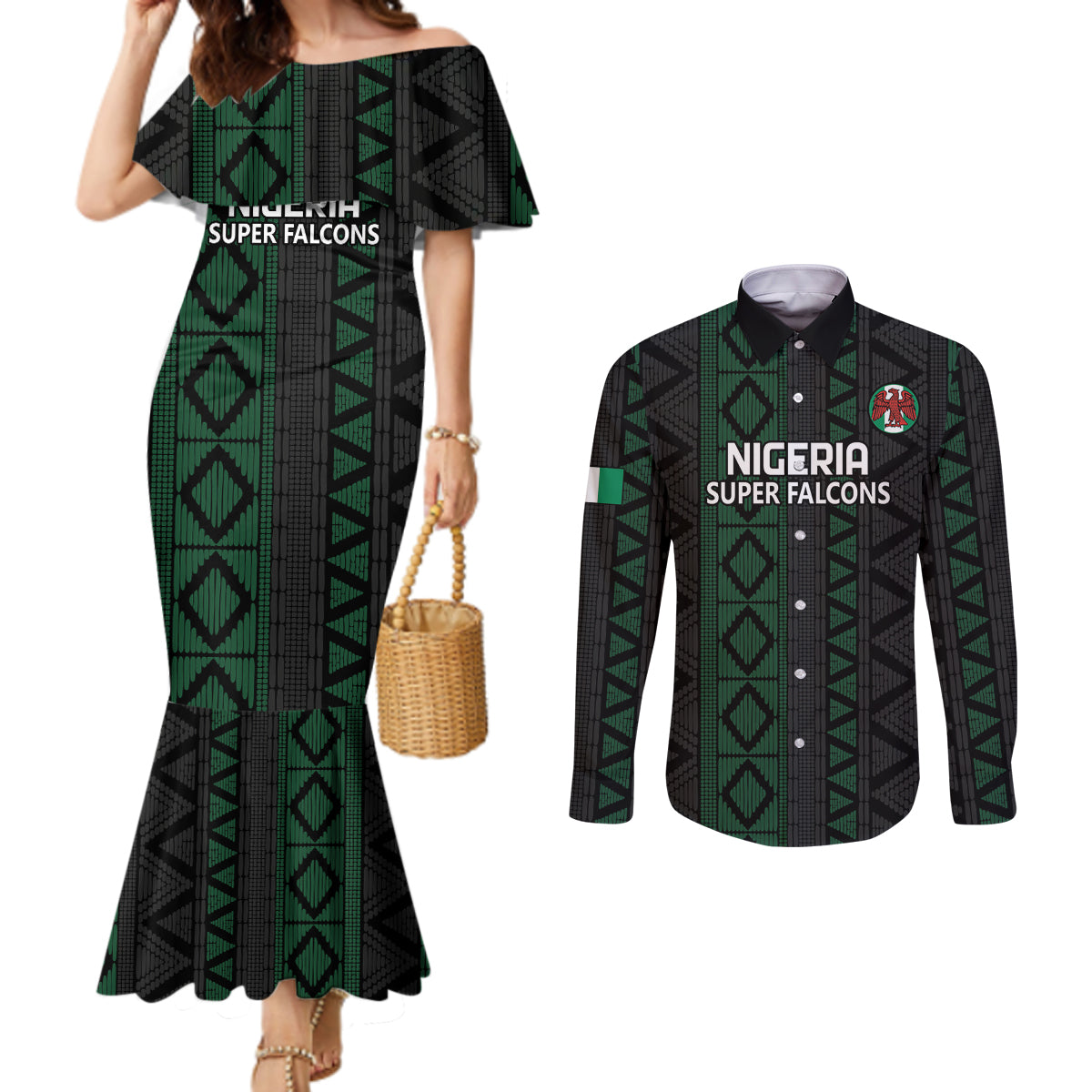 Custom Nigeria Football Couples Matching Mermaid Dress and Long Sleeve Button Shirt Go Super Falcons African Pattern