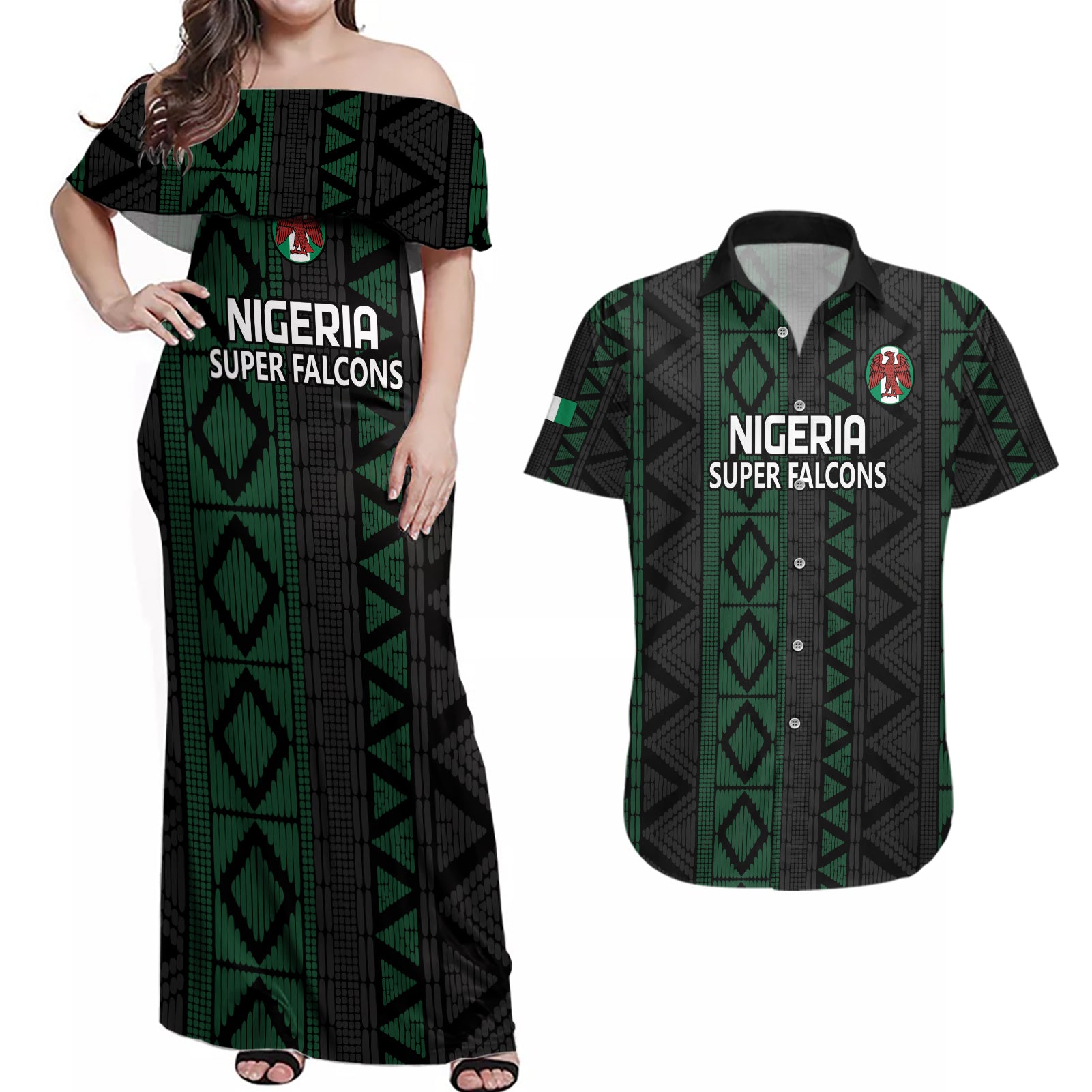 Custom Nigeria Football Couples Matching Off Shoulder Maxi Dress and Hawaiian Shirt Go Super Falcons African Pattern - Wonder Print Shop