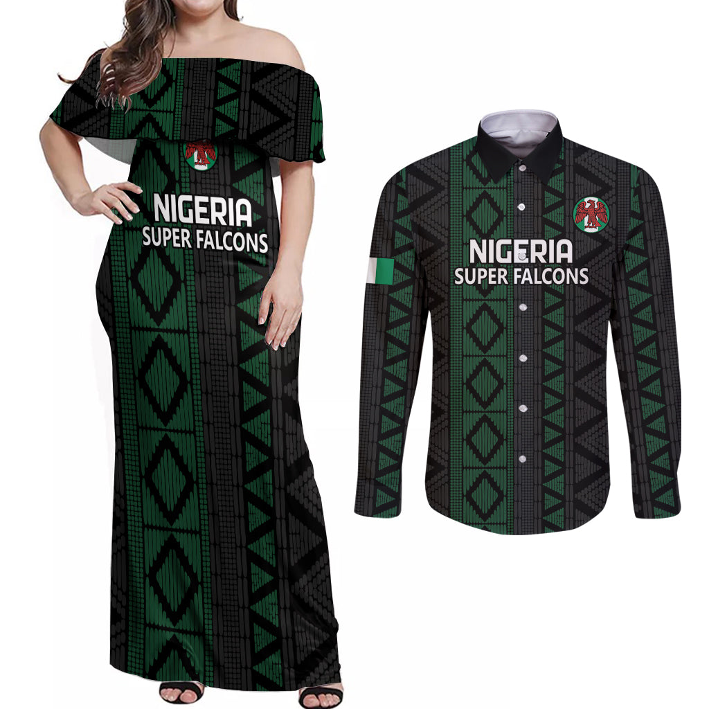 Custom Nigeria Football Couples Matching Off Shoulder Maxi Dress and Long Sleeve Button Shirt Go Super Falcons African Pattern - Wonder Print Shop