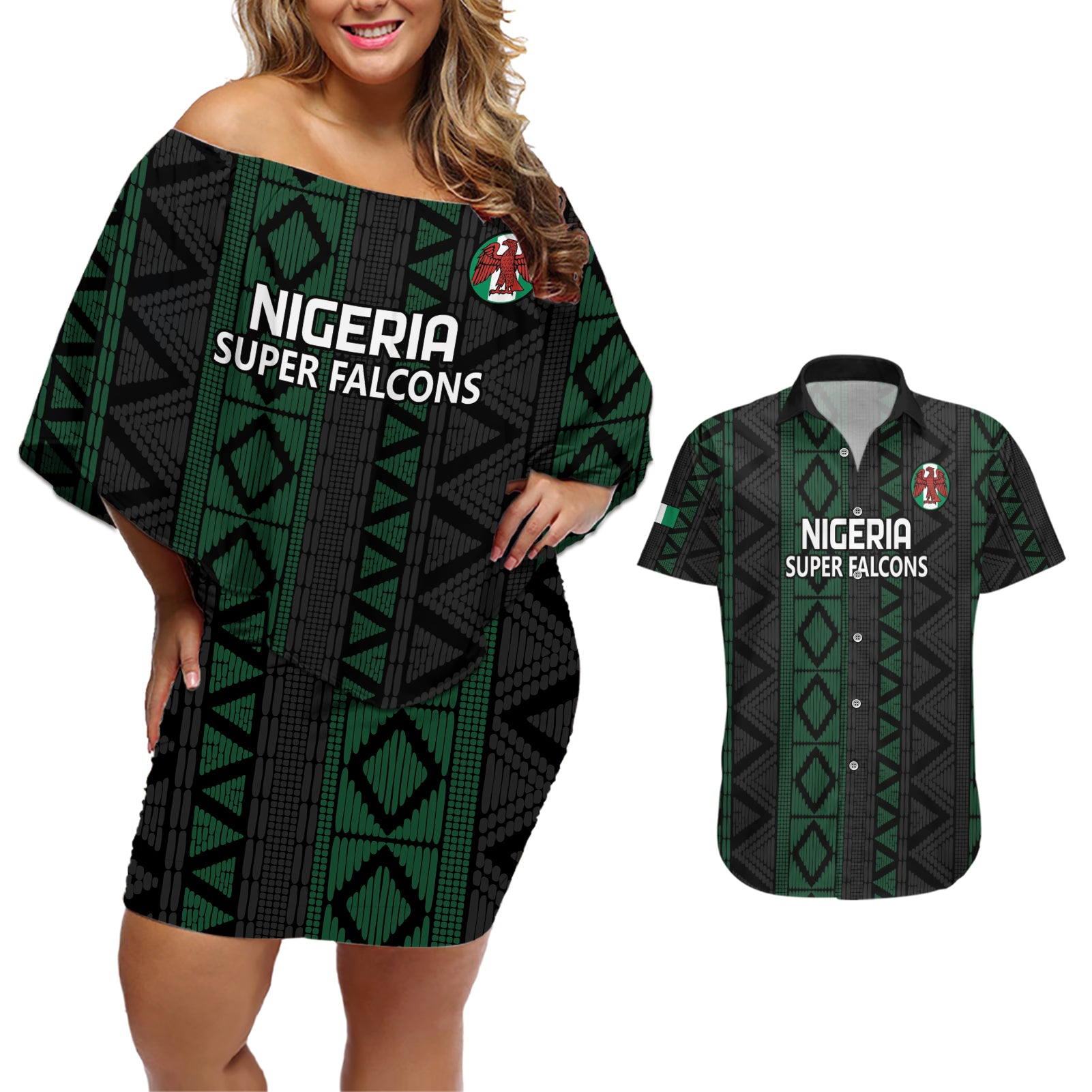 Custom Nigeria Football Couples Matching Off Shoulder Short Dress and Hawaiian Shirt Go Super Falcons African Pattern - Wonder Print Shop