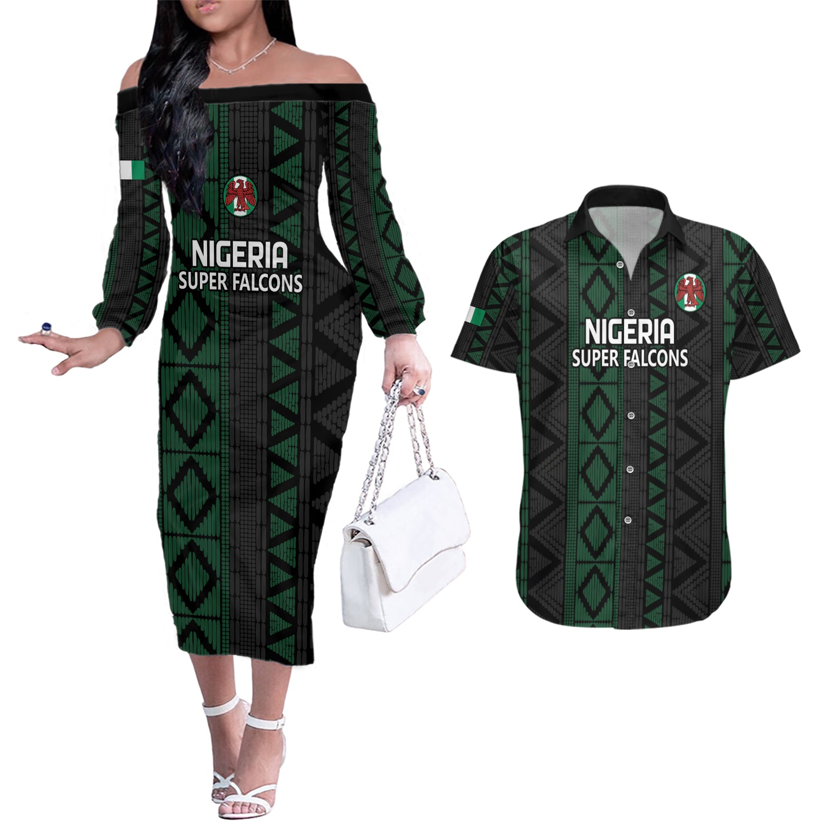 Custom Nigeria Football Couples Matching Off The Shoulder Long Sleeve Dress and Hawaiian Shirt Go Super Falcons African Pattern - Wonder Print Shop