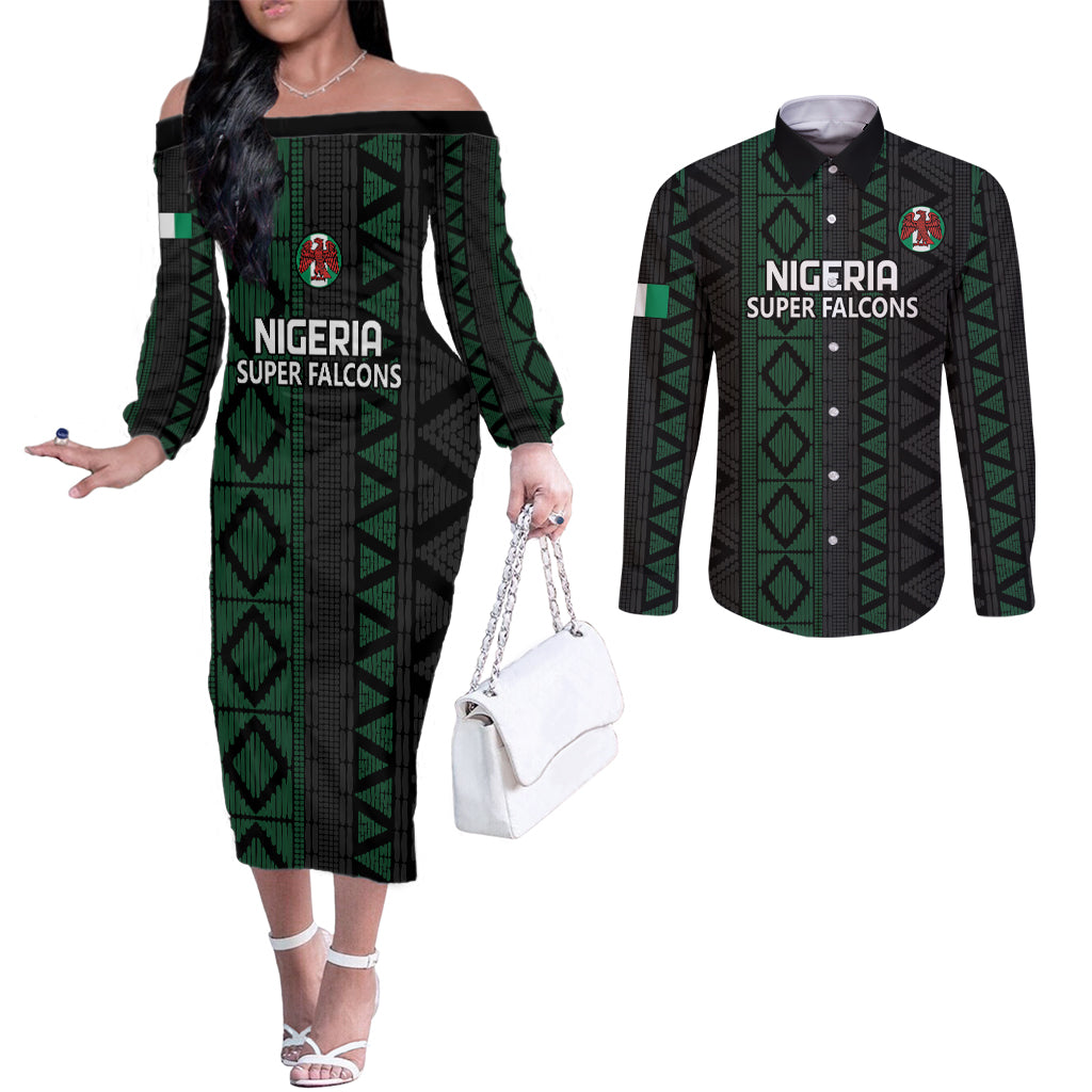 Custom Nigeria Football Couples Matching Off The Shoulder Long Sleeve Dress and Long Sleeve Button Shirt Go Super Falcons African Pattern