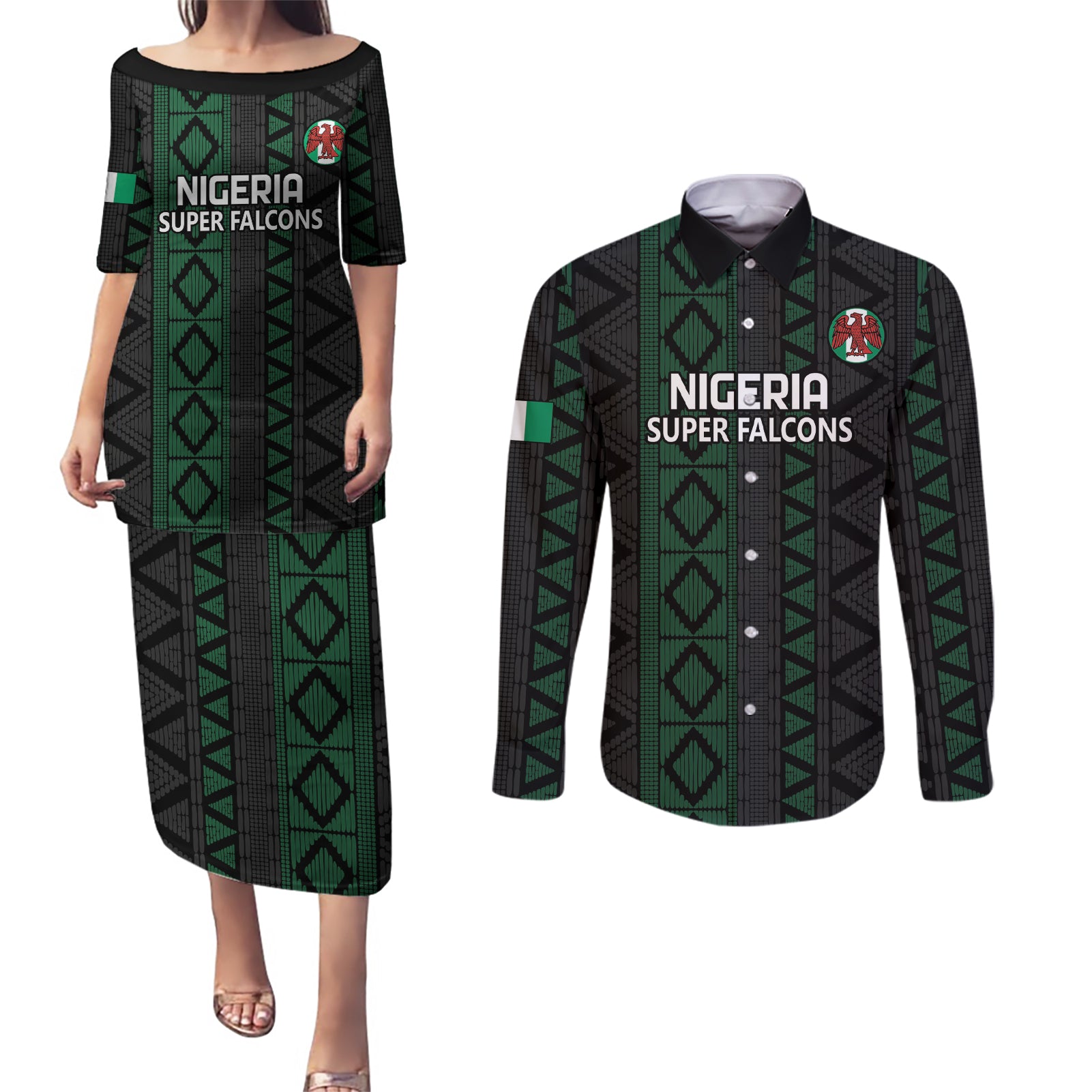 Custom Nigeria Football Couples Matching Puletasi and Long Sleeve Button Shirt Go Super Falcons African Pattern - Wonder Print Shop