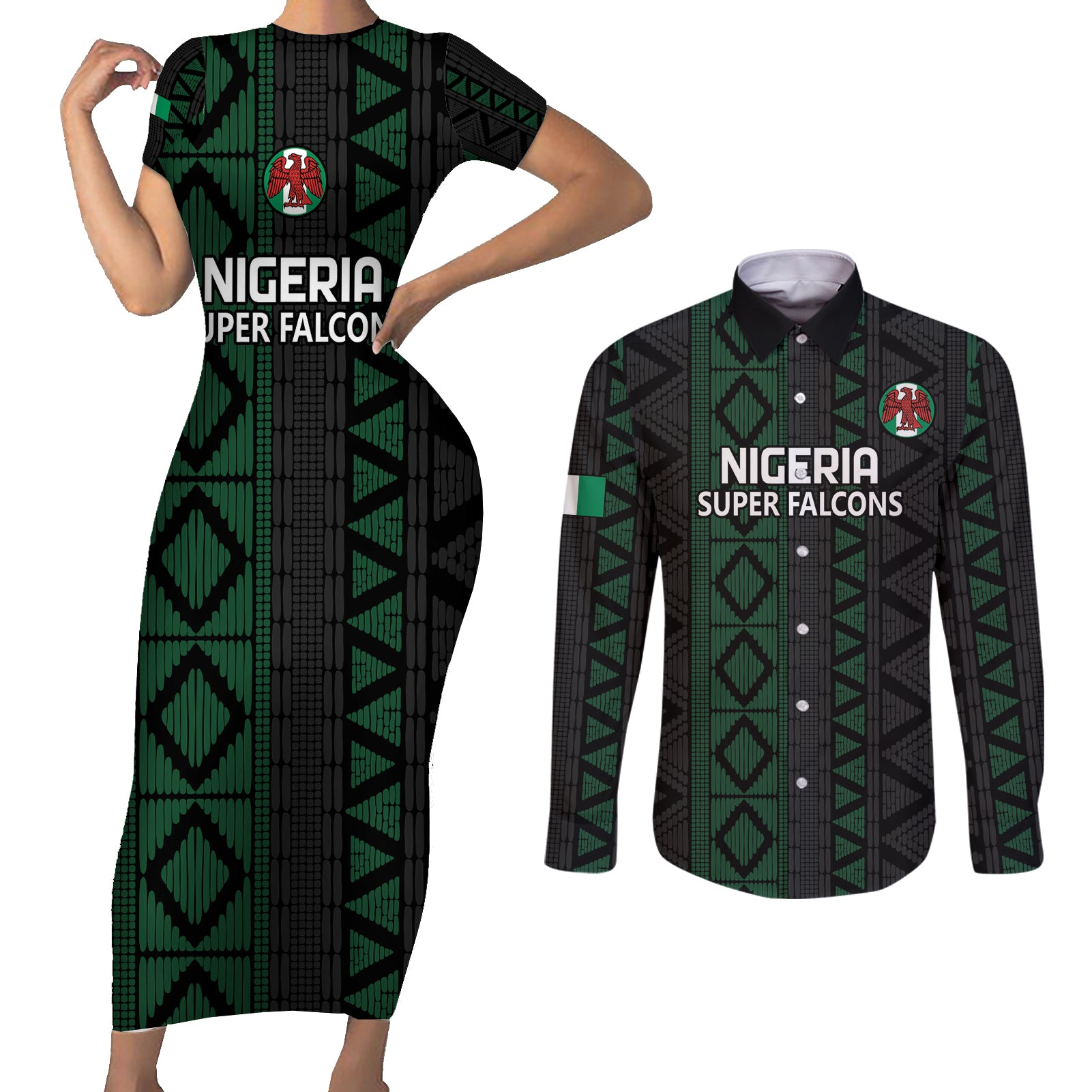 Custom Nigeria Football Couples Matching Short Sleeve Bodycon Dress and Long Sleeve Button Shirt Go Super Falcons African Pattern - Wonder Print Shop