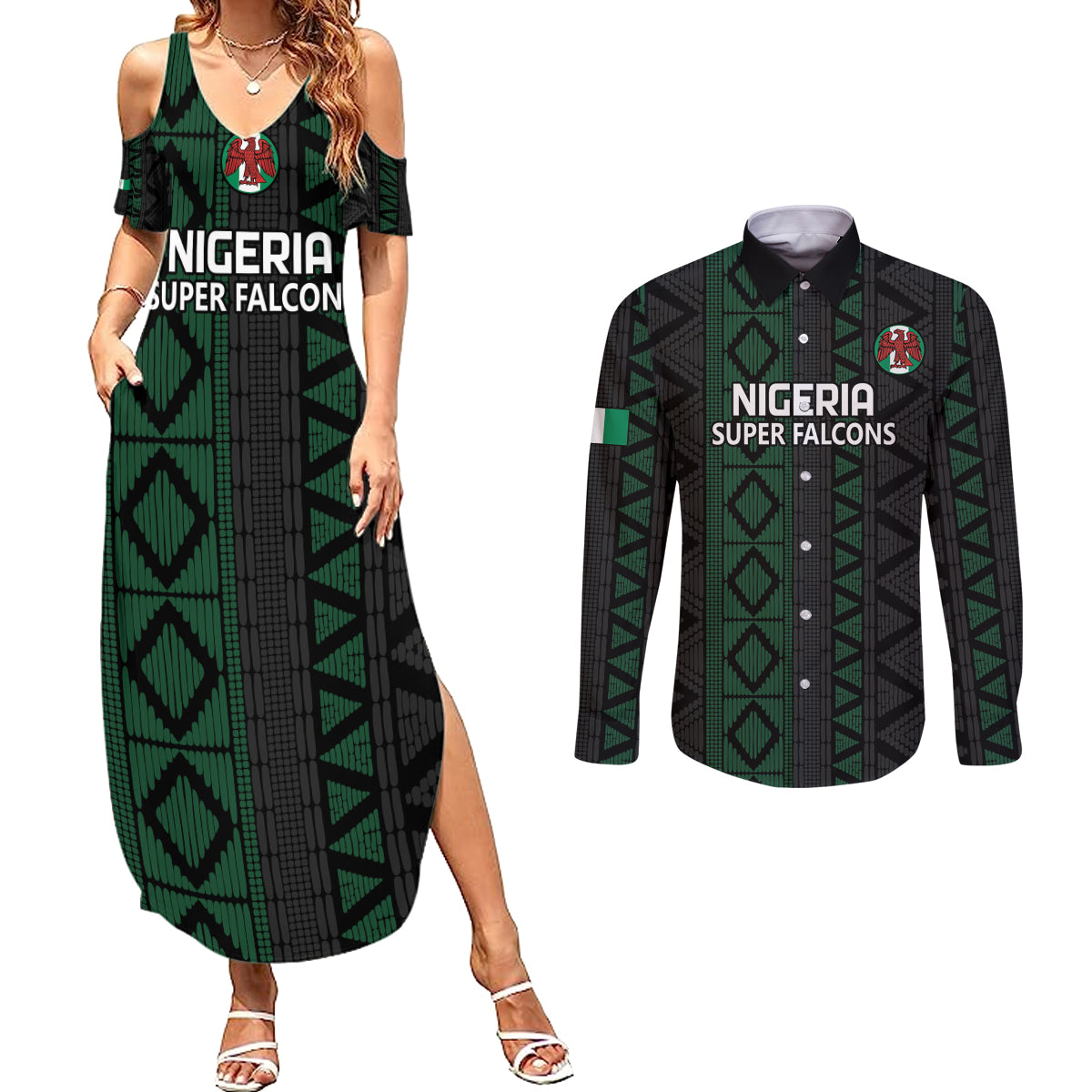 Custom Nigeria Football Couples Matching Summer Maxi Dress and Long Sleeve Button Shirt Go Super Falcons African Pattern - Wonder Print Shop