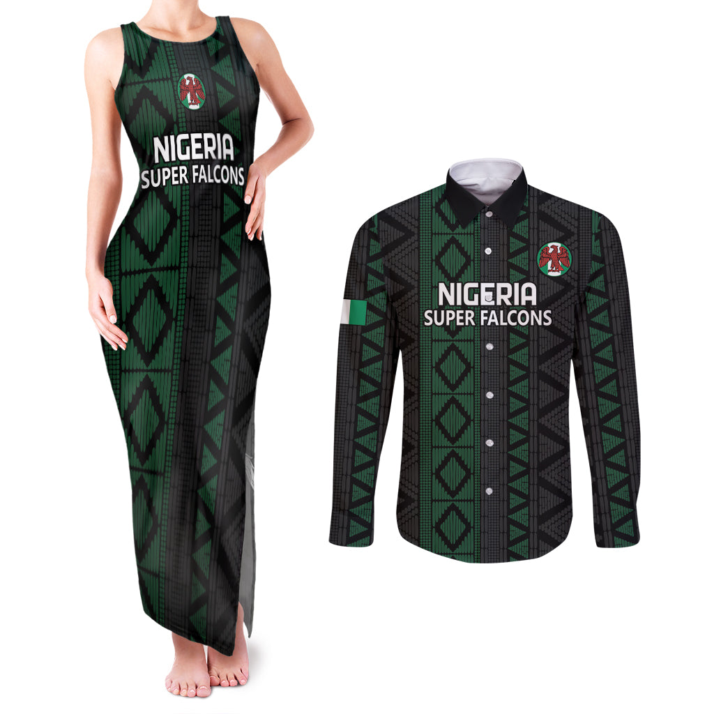 Custom Nigeria Football Couples Matching Tank Maxi Dress and Long Sleeve Button Shirt Go Super Falcons African Pattern - Wonder Print Shop