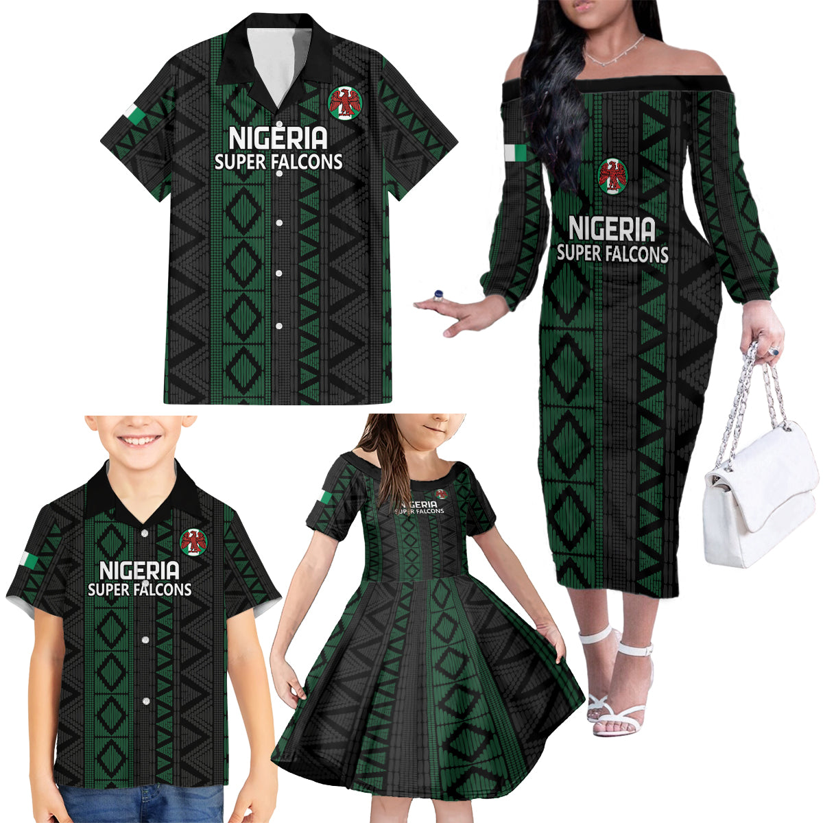 Custom Nigeria Football Family Matching Off The Shoulder Long Sleeve Dress and Hawaiian Shirt Go Super Falcons African Pattern - Wonder Print Shop