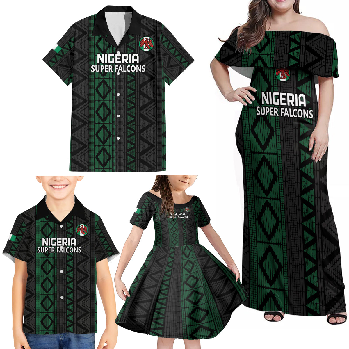 Custom Nigeria Football Family Matching Off Shoulder Maxi Dress and Hawaiian Shirt Go Super Falcons African Pattern - Wonder Print Shop