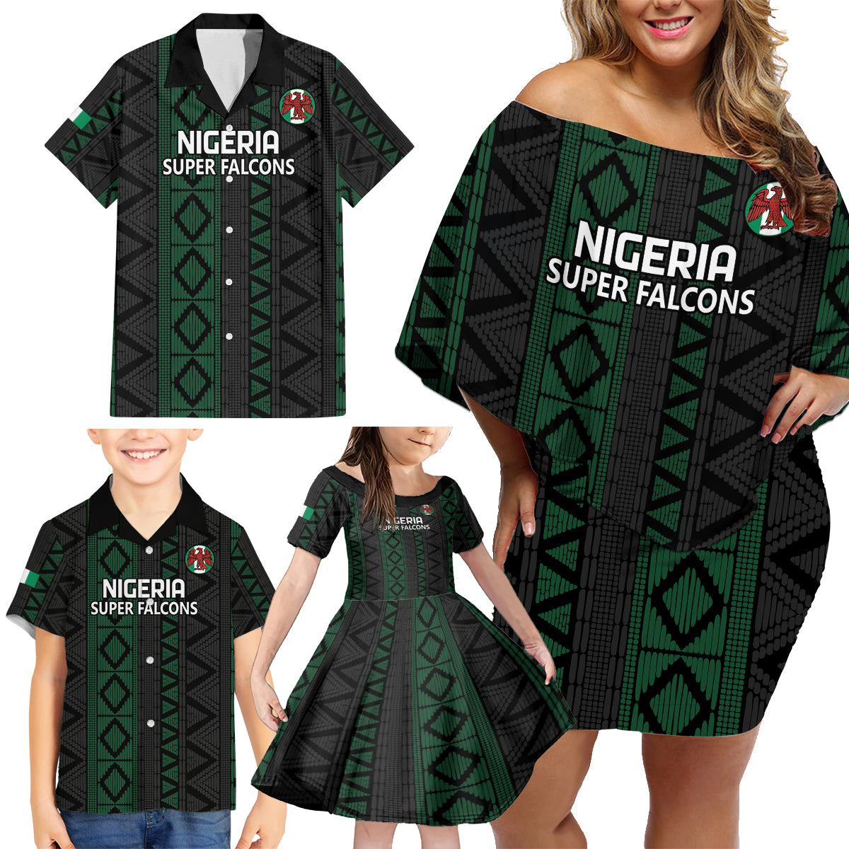 Custom Nigeria Football Family Matching Off Shoulder Short Dress and Hawaiian Shirt Go Super Falcons African Pattern - Wonder Print Shop