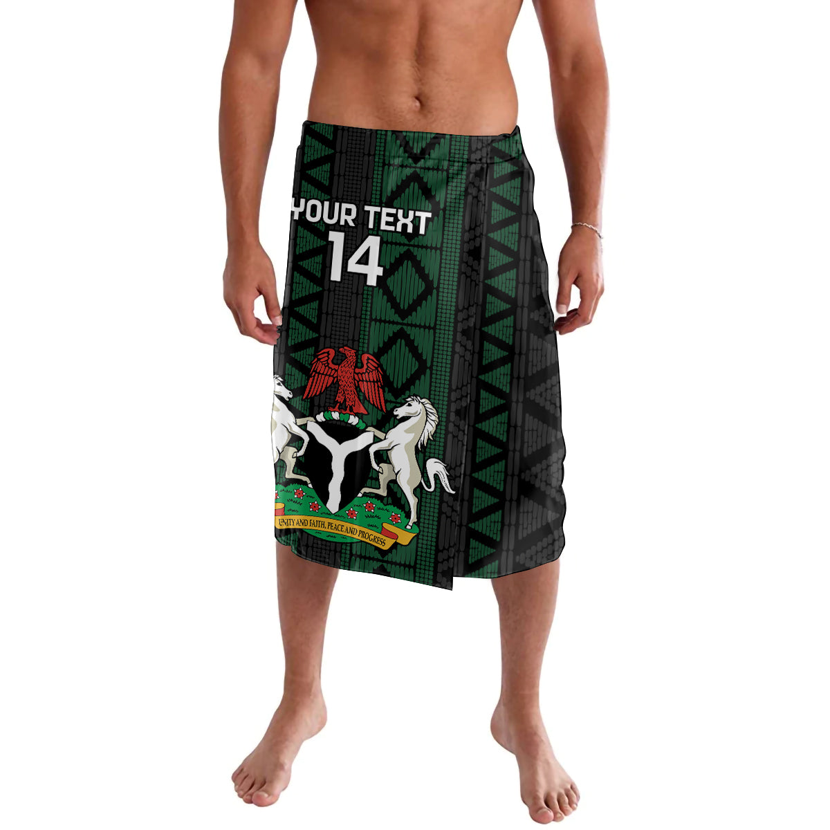 Black and green patterned lavalava wrap skirt with side slit, team emblem and number 14