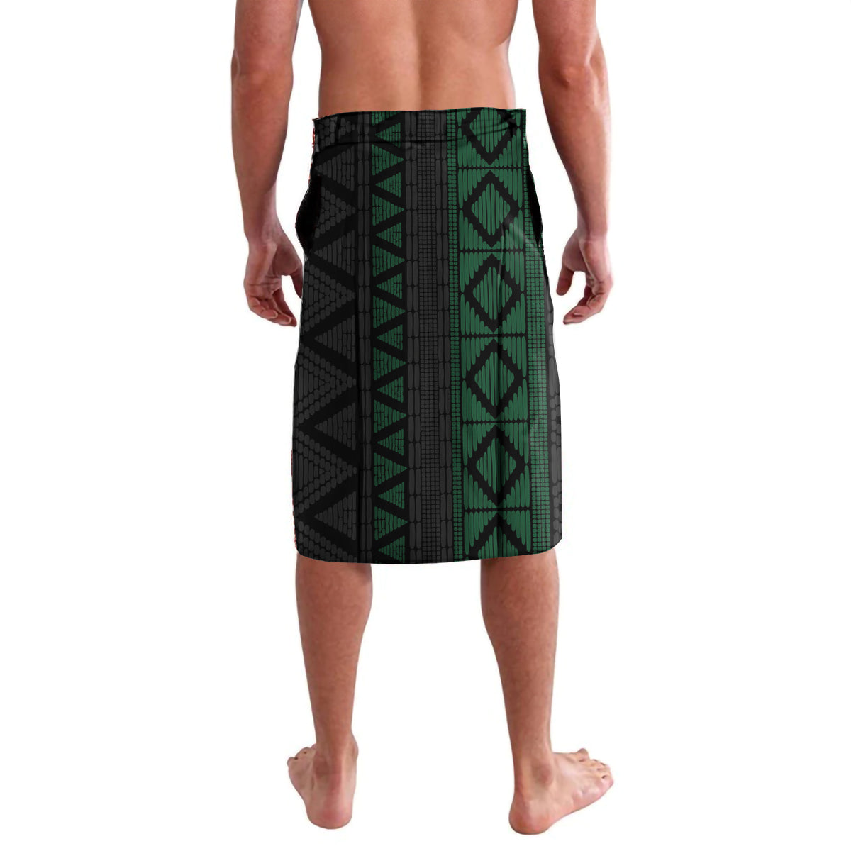 Black and green patterned lavalava wrap skirt with straight cut and side slit