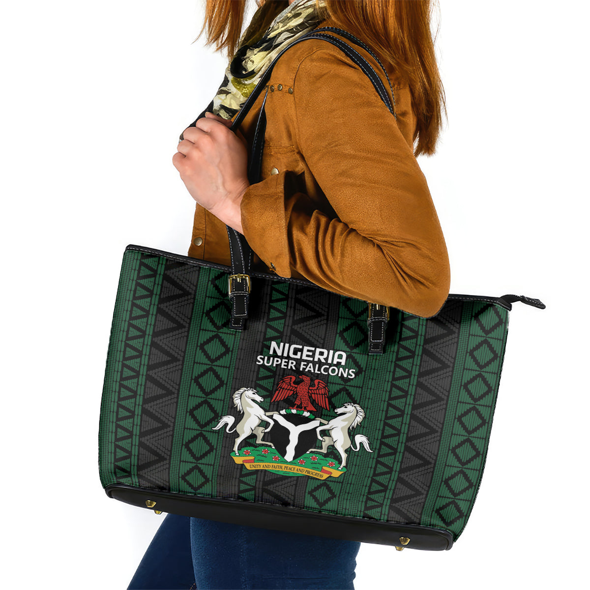 Nigeria Football Leather Tote Bag Go Super Falcons African Pattern - Wonder Print Shop