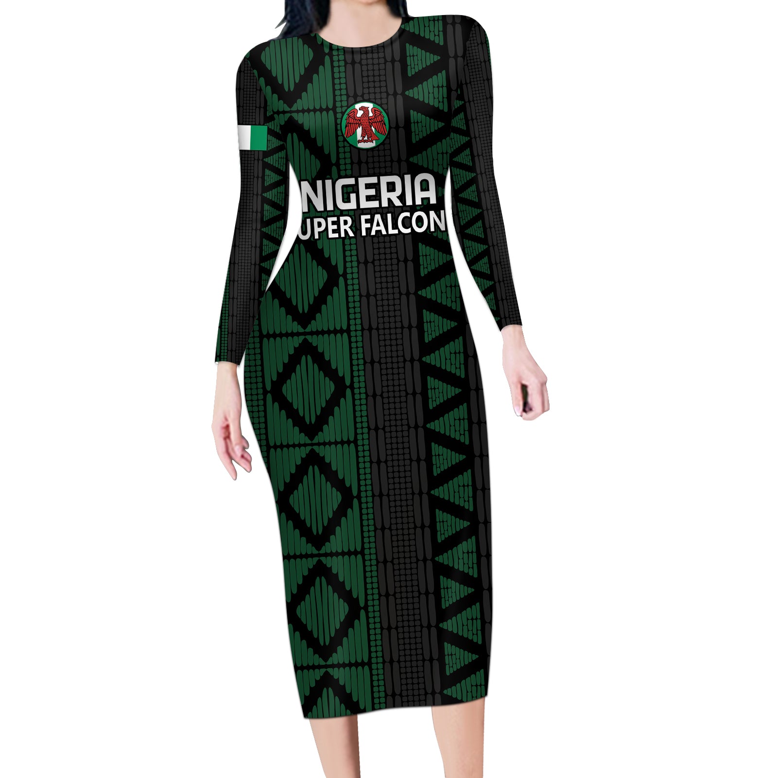 Custom Nigeria Football Long Sleeve Bodycon Dress Go Super Falcons African Pattern - Wonder Print Shop