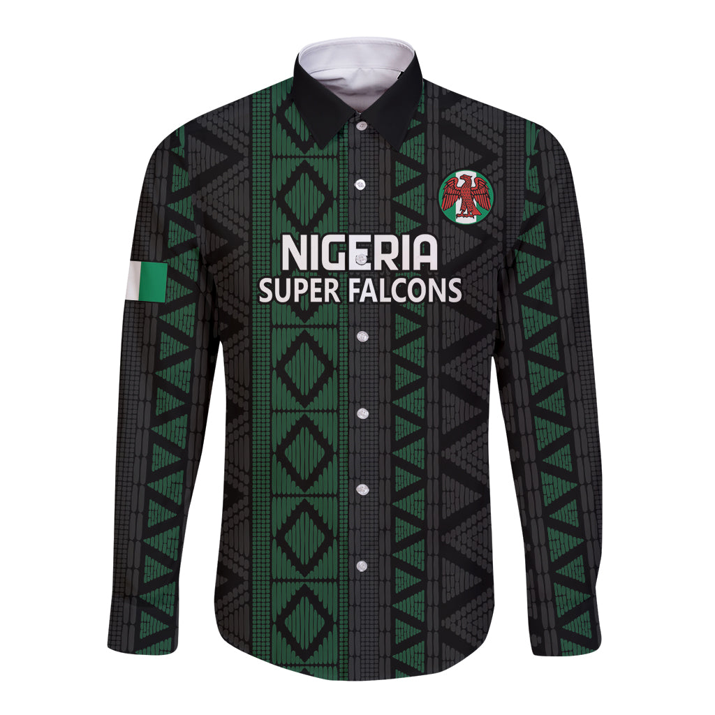Black long-sleeve button shirt with Nigeria Super Falcons front crest and green pattern