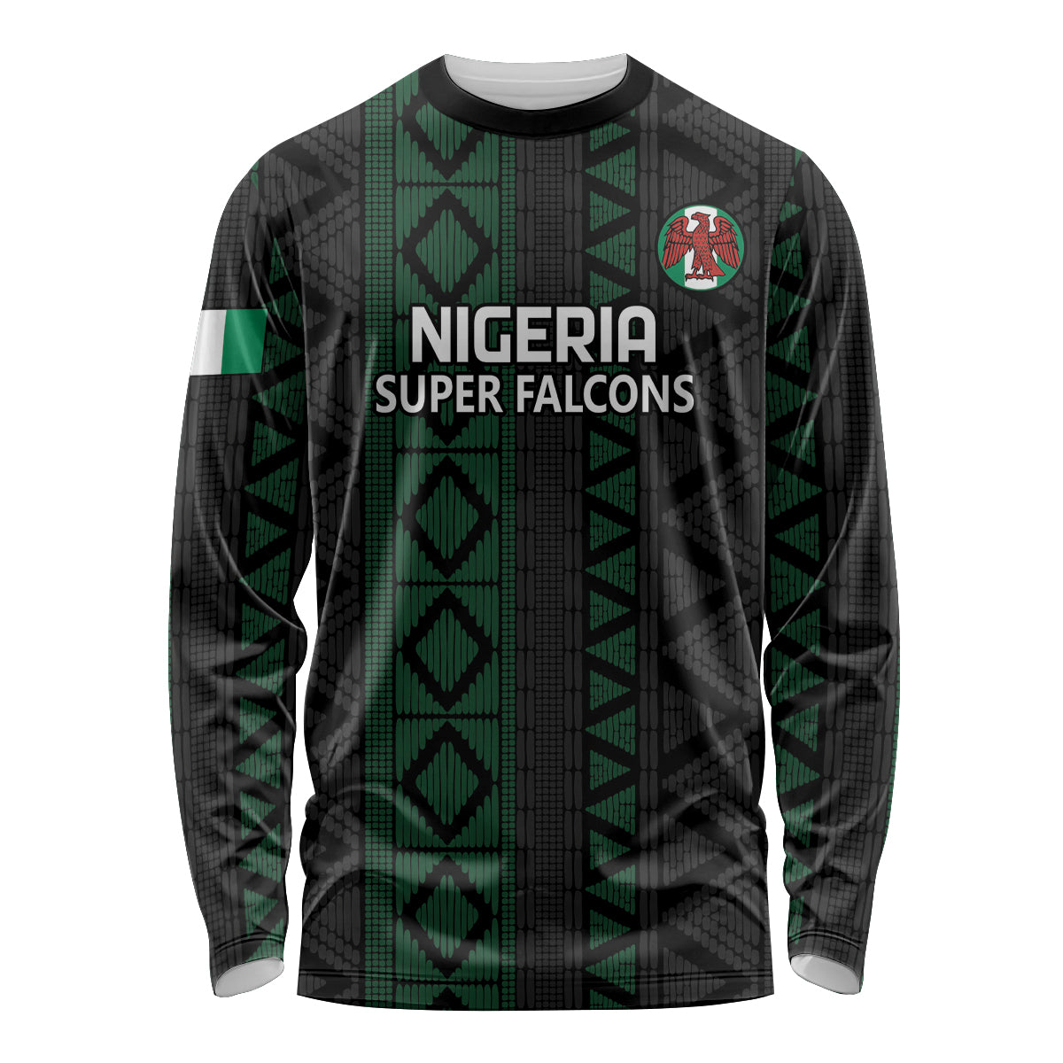 Black long-sleeve football shirt with green Nigerian Super Falcons crest and patterned stripes