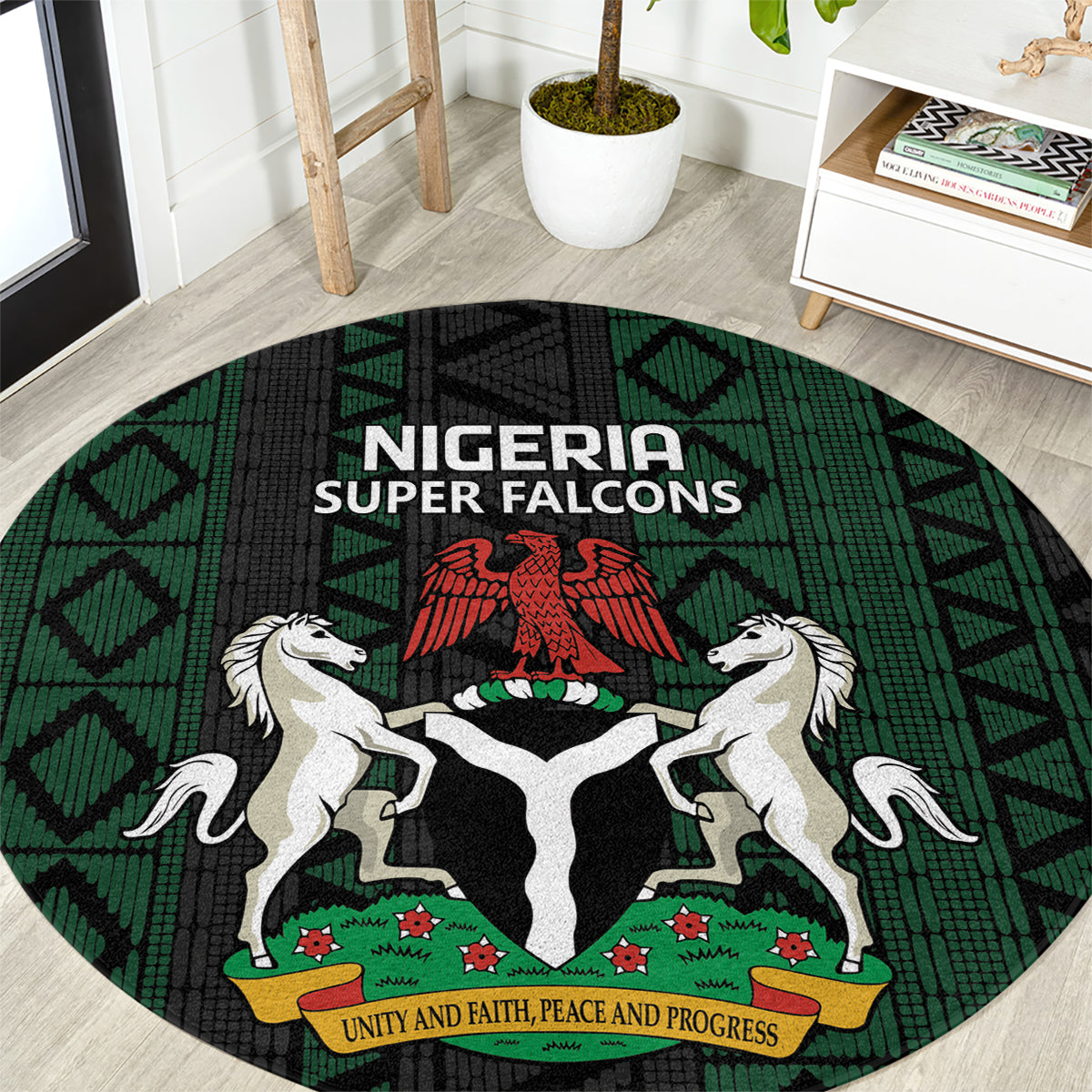 Round black and green carpet with Nigeria Super Falcons emblem and lions crest graphic