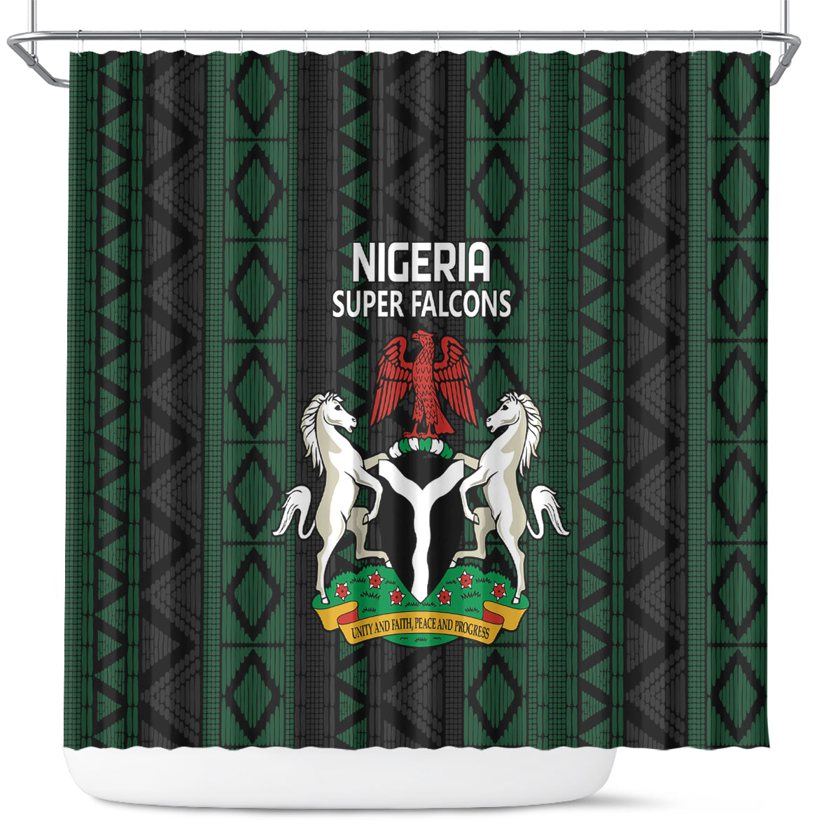 Nigeria Super Falcons shower curtain with green and black striped pattern and crest