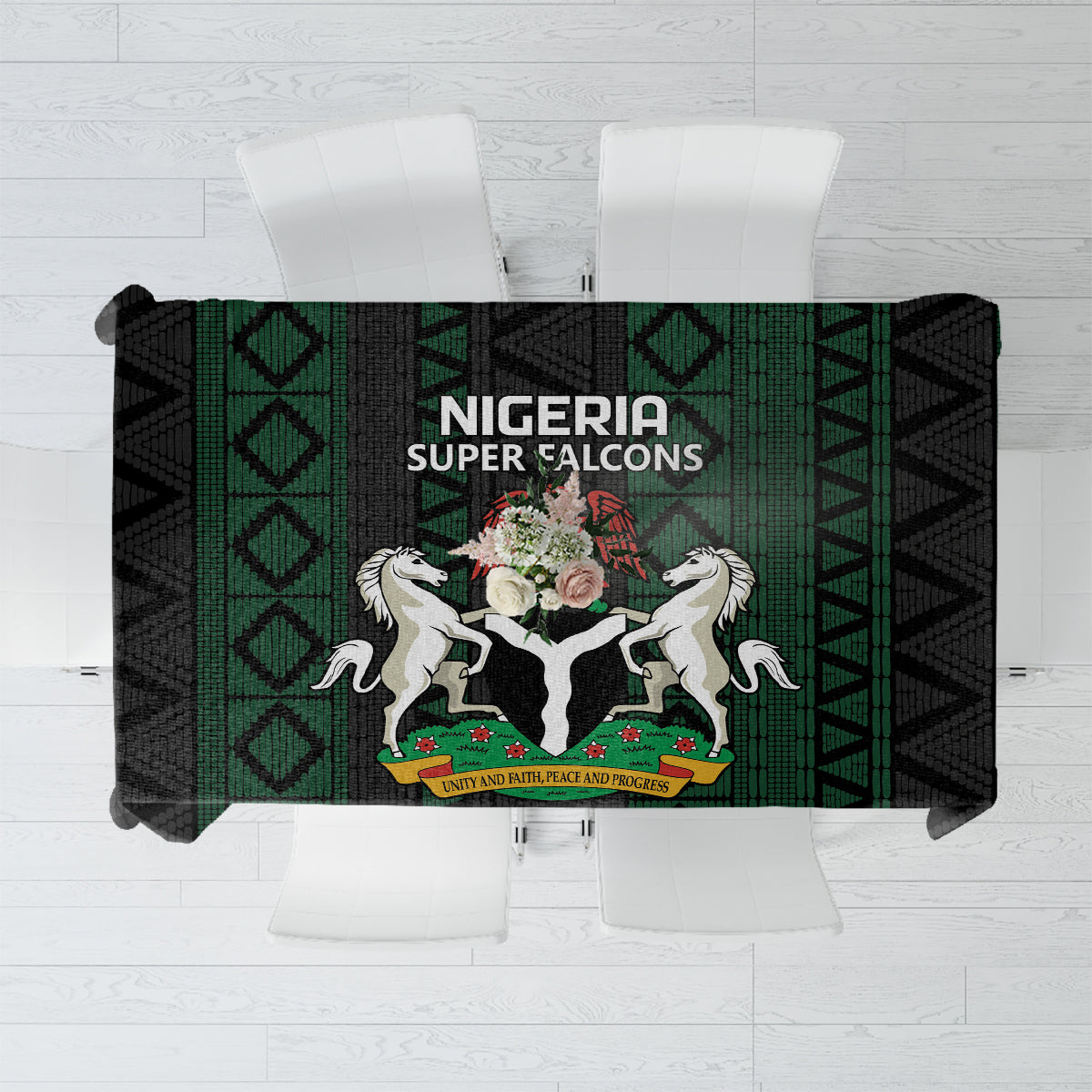 Black and green Africa-pattern tablecloth with Super Falcons crest and decorative lions
