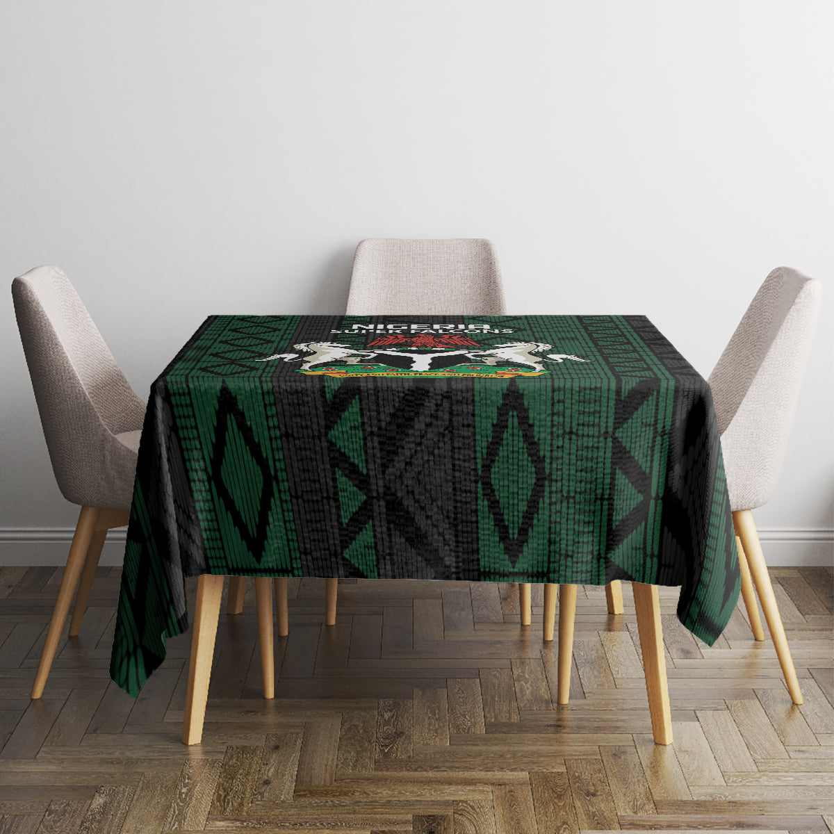 Green and black African pattern tablecloth featuring Super Falcons emblem on front