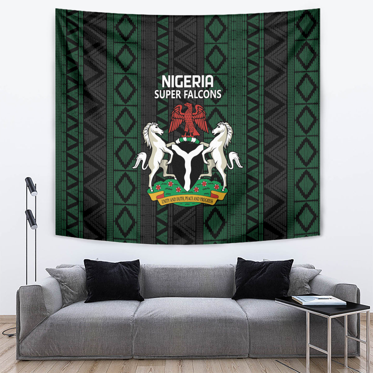 Nigeria Super Falcons wall tapestry with green and black geometric pattern and crest
