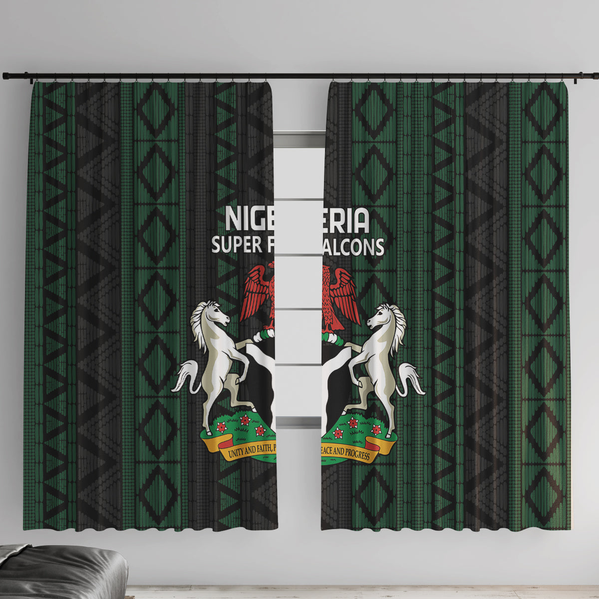 Super Falcons window curtain with green-and-black geometric pattern and team crest