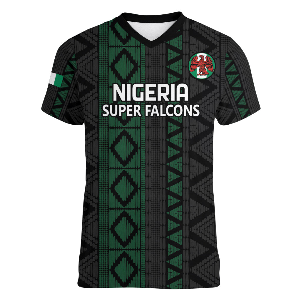 Custom Nigeria Football Women V Neck T Shirt Go Super Falcons African Pattern - Wonder Print Shop