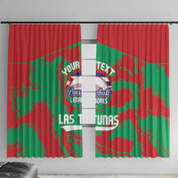 Red and green baseball-themed window curtain panels with team logo and text