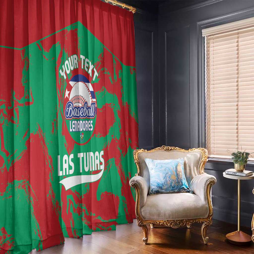 Baseball-themed red and green window curtain with large circular logo and lettering