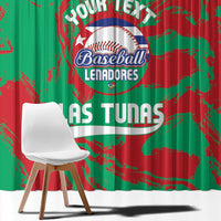Red and green baseball curtain panel with big team logo and headline text