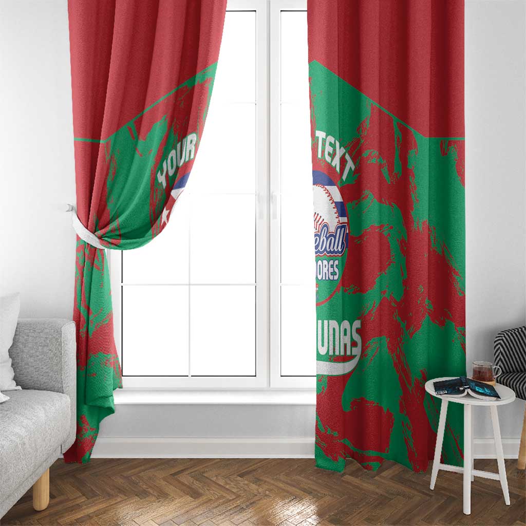 Red and green baseball window curtain with circular logo and diagonal graphic pattern