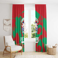 Red and green baseball window curtains with printed logo, text, and stripe accents