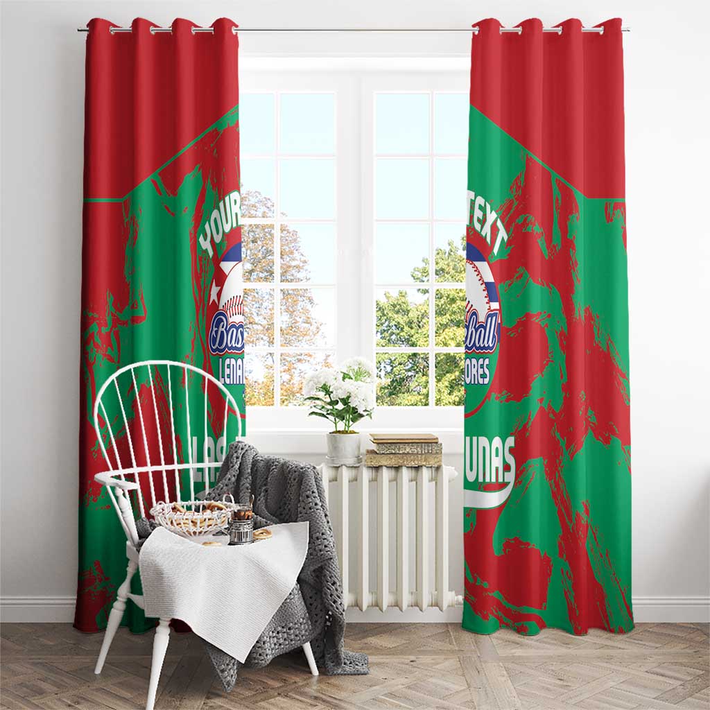 Red baseball curtains with green diagonal splatter print; top grommets on rod